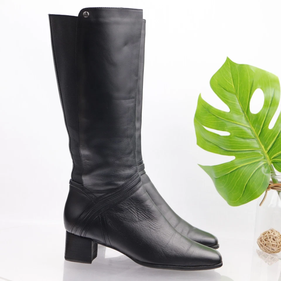 Bota Blonda Para Mujer Talla 8.5 AMPLIA Alta Y2K Tacón Bajo Bloque Cuero Negro Elástico Foto 4 de 4