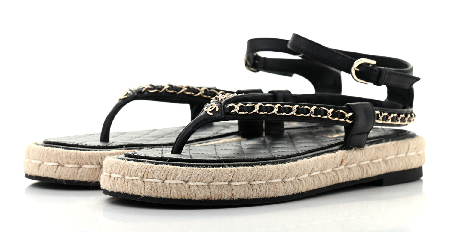 Chanel Black Leather Chain CC Logo Mule Thong Espadrille Sandal Flat 37  BNIB
