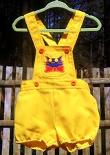 VTG Toddler Bright Sun Yellow Short Romper 12 Month w/ Cat Applique by Pata Cake