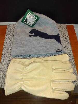PUMA Jumpcat Knit Beanie Hat w/Big Cat Logo Gray Acrylic & Leather Gloves. Sz. S