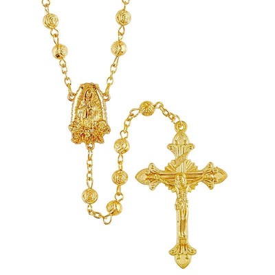 Gold Rosebud Bead Rosary with Our Lady Of Guadalupe Center Praying Rosery - 4 PK