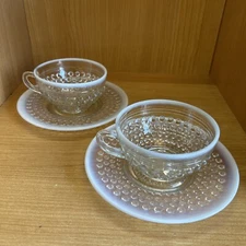Pair Of Anchor Hocking Opalescent Tea Cups And Saucers