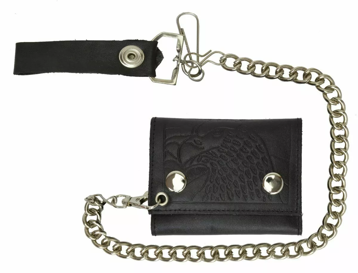 Marshal Genuine Leather Men EAGLE Trifold Wallet Chain Biker