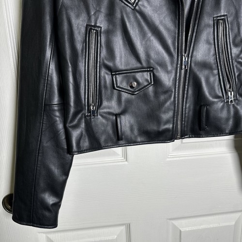 ZARA Womens Jacket Black Faux Leather Biker Sz Medium Full Zip Moto Silver Rock - Picture 4 of 14