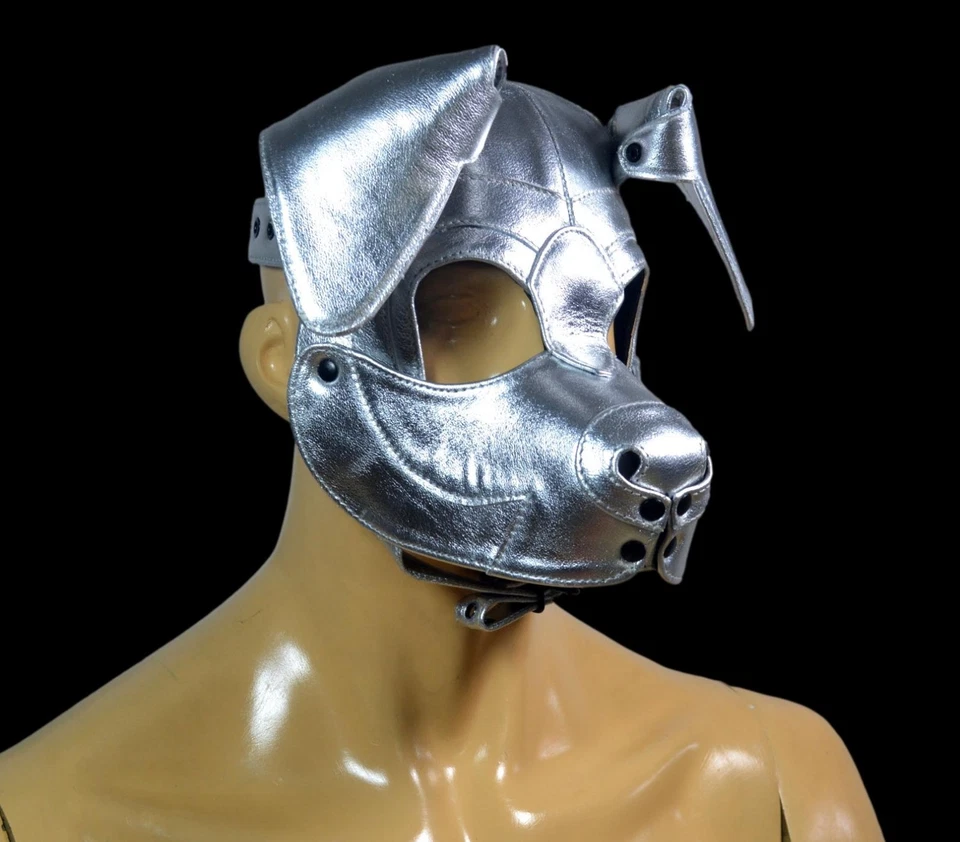 Máscara con capucha de cachorro de cuero plateado | Capucha metálica de juego de cachorro humano para fiesta de cachorro Foto 3 de 4