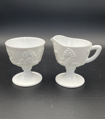 Creamer & Sugar Milk Glass Set by Harvest Grape Indiana Colony Vintage