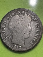1913-s Barber Dime, Much Better Date, Nice Condition, Free shipping