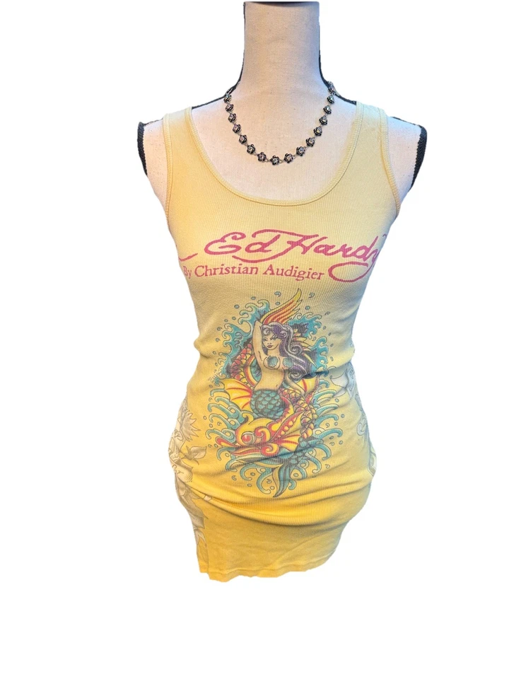 Raro Y2K Ed Hardy Sirena Tatuaje Tanque Mini Vestido Christian Audigier OS Lo último Foto 4 de 4