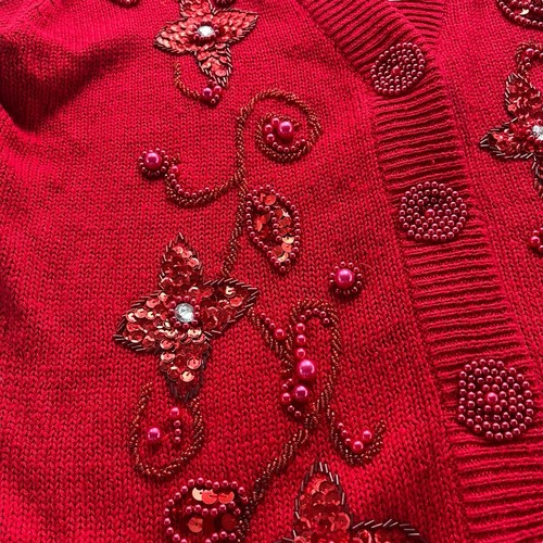 Seiberts Womens M Red Floral Beaded Sequin Knit Vintage Grandma Sweater Cardigan - Picture 7 of 23