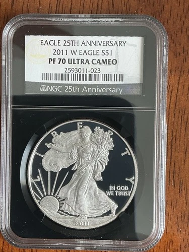2011 W AMERICAN SILVER EAGLE NGC PF70 “EAGLE 25th ANNIVERSARY” BLACK CORE HOLDER