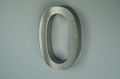 Hausnummer 0 Edelstahl V2A Arial in 3D-Design  H16 cm x T3 cm gebürstete Front 