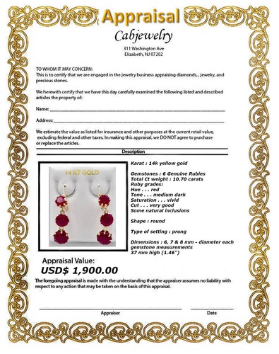 GENUINE 10.70 Cts RUBY DANGLING EARRINGS 14K GOLD - Free Appraisal Service - Picture 7 of 7