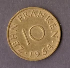 Saarland 1954 10 Franken vz