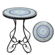  Mosaic Outdoor Side Table, Round Rustproof Patio Table with 14" Ceramic Green