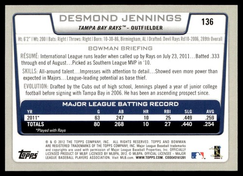 2012 Bowman Gold Desmond Jennings Tampa Bay Rays #136 - Picture 2 of 2