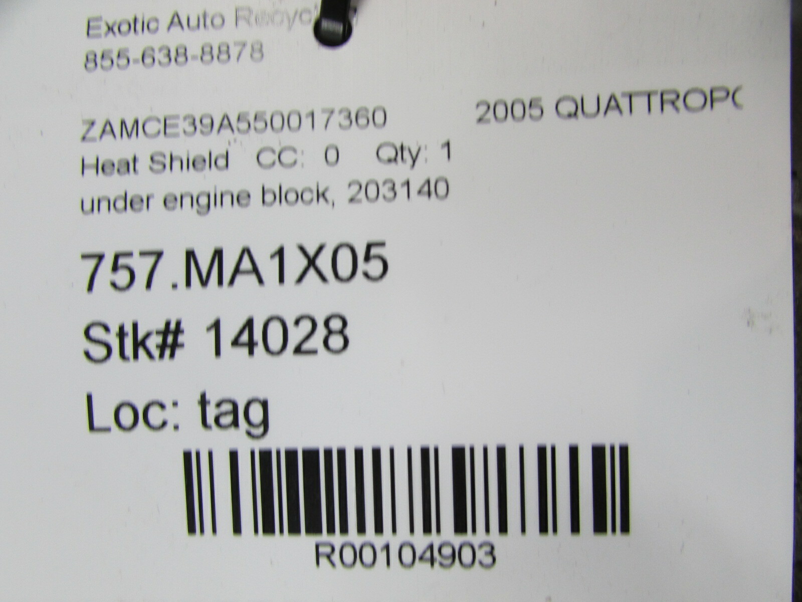 Maserati Quattroporte, Under Engine Block Heat Shield, Used, P/N 203140
