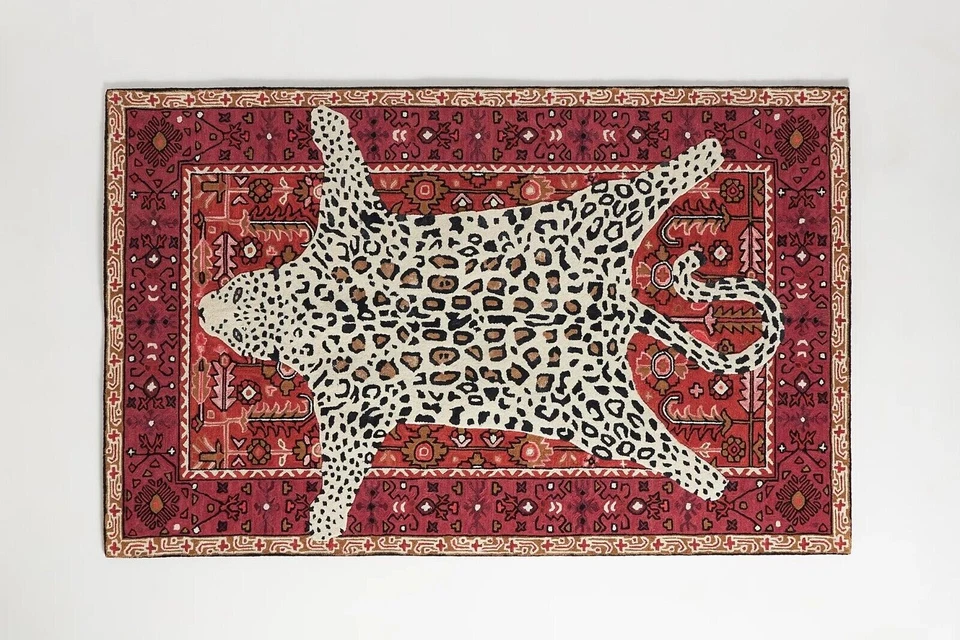 Alfombra Octavia roja leopardo moderna acolchada a mano 100 % lana 5x8 8x10 10x14 Foto 4 de 4