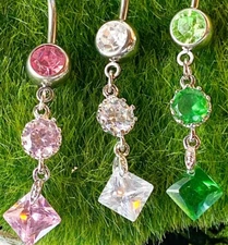 Vintage Princess Cut Press Fit Gem Belly Ring Navel Clear,Green,Pink,Tanzanite