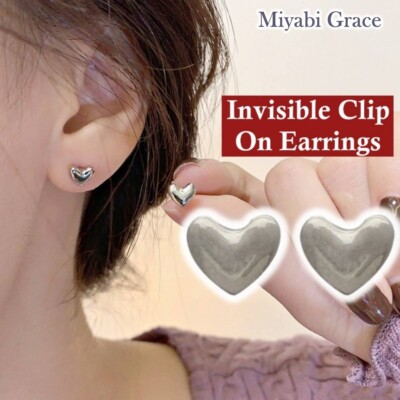 Clip On Earrings Invisible Simple Small Silver Heart Stud Non Pierced  Earrings - Main Image