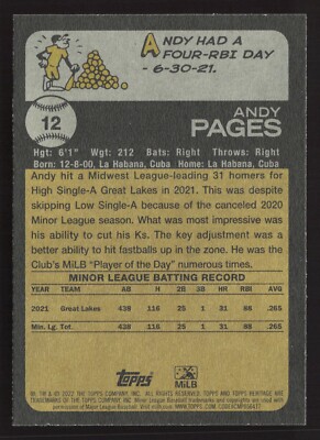 2022 Topps Heritage Minors #12 Andy Pages Pre-Rookie Card | eBay