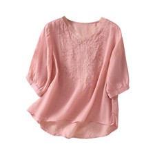 Women's Solid Color Embroidered Linen Cotton Blouse  Summer V Neck Shirt Tops
