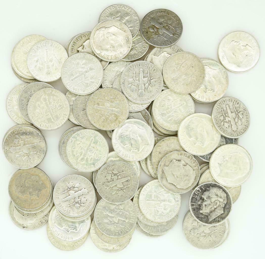 100) 1946-1964 90% Silver Roosevelt Dimes TWO ROLLS $10 Face Lot