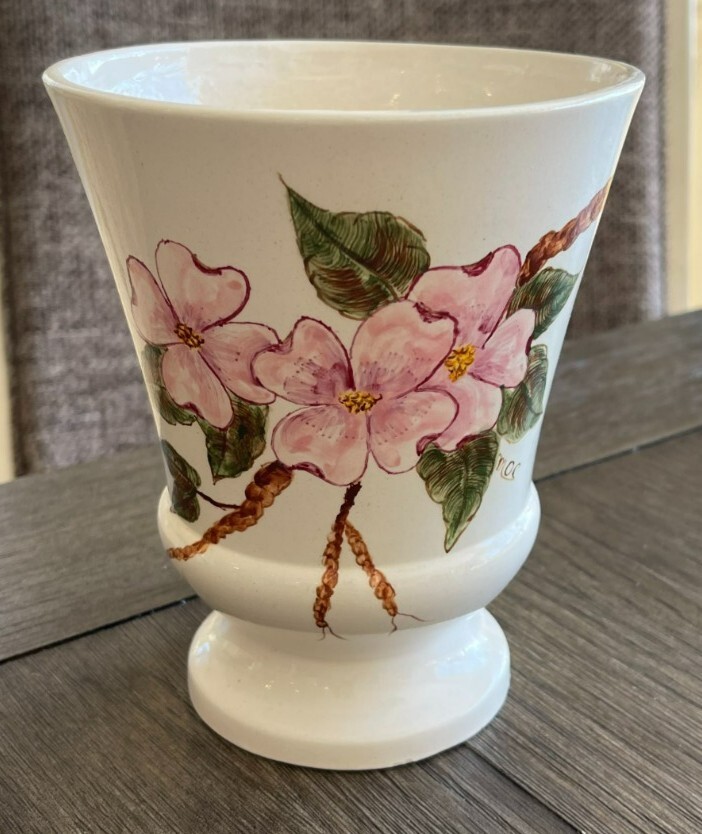 1967 Vintage Ceramic 6.5” Hand Painted Floral Dogwood Vase Planter