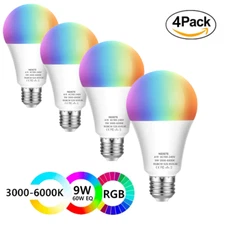 4X Wifi Smart LED light Bulb 9W(60W) A19 850LM RGB+CW Dimmable Alexa/Google Home
