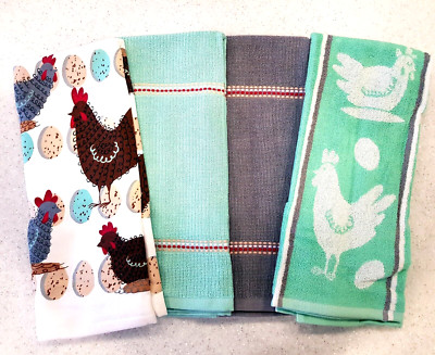 Kitchen Towel Set of 8.Funky Chicken- Mint/Gray. 100% Cotton.Culinary Classics