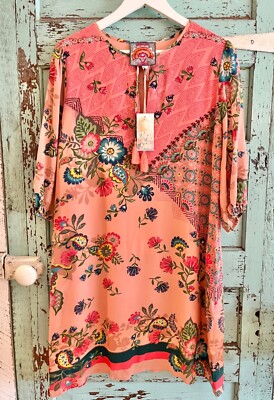 NEW Johnny Was Los Angelos 100% Silk Pink Floral Lakshmi Mini Dress Sz Small