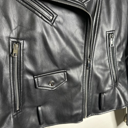 ZARA Womens Jacket Black Faux Leather Biker Sz Medium Full Zip Moto Silver Rock - Picture 6 of 14