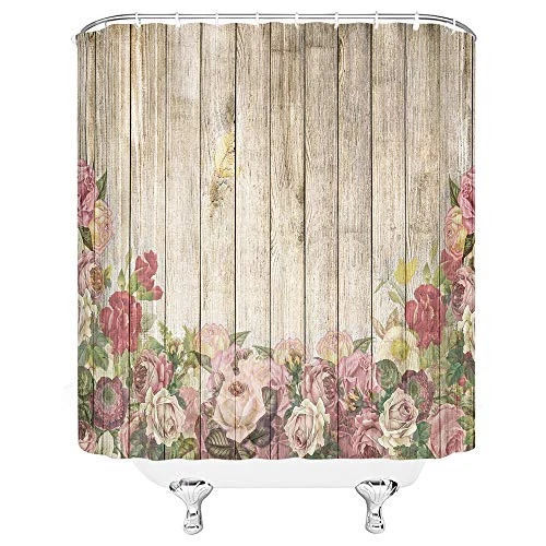 Flower Wooden Shower Curtain Vintage Shabby Barn 70"W x 70"L (Pack of 1) Brown Foto 3 de 4