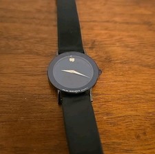 Movado Museum Ladies Ultra Slim Watch 84.C6.855.2A Black Leather Band Gold 8"