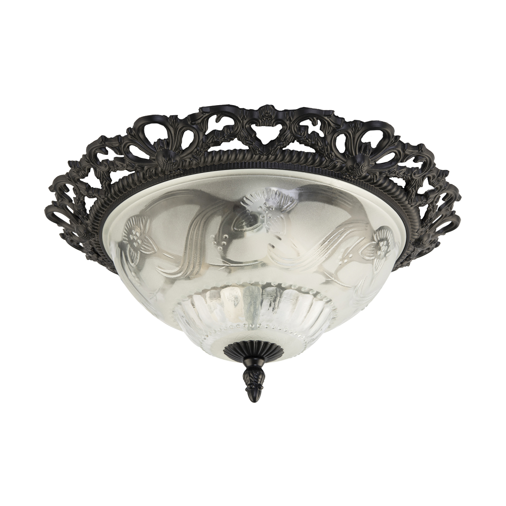 Traditional and Classic Matt Black and Frosted Floral Glass Flush Ceiling Lig...