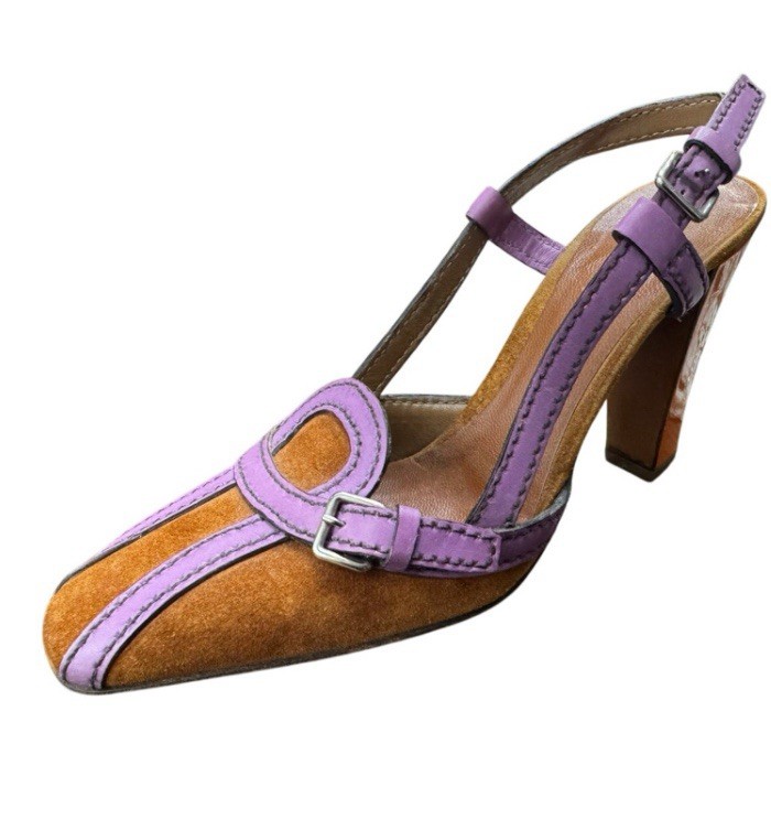 サンダル・ミュール PRADA Tyrian Purple Suede Sandals PRADA SUEDE AND LEATHER ORANGE PURPLE SQUARE TOE HEELED
