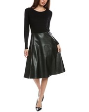 Tahari NWT Women's Mixed Media Faux Leather Fit & Flare Dress Size L $118