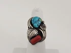 Nice VTG Native American Turquoise Coral Sterling Silver Ring Signed AB - Sz 6