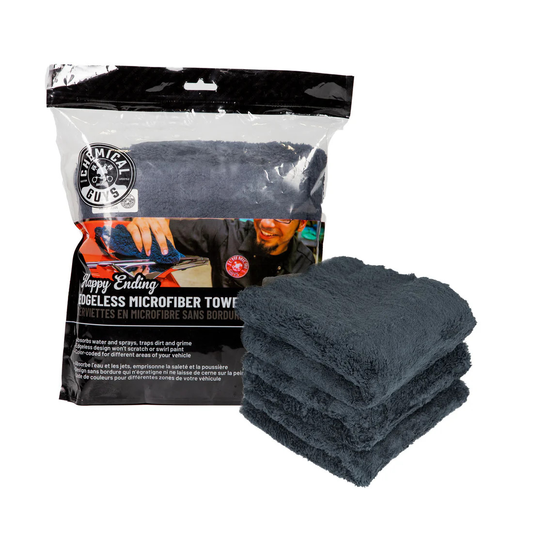 Chemical Guys Happy Ending Edgeless 16"" Black Plush Microfibre Cloths, 3 Towels