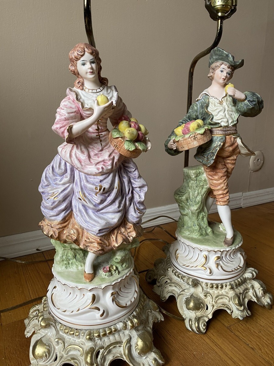 Antique Italian Porcelain Capodimonte Hand Painted Lamps Set Of 2
