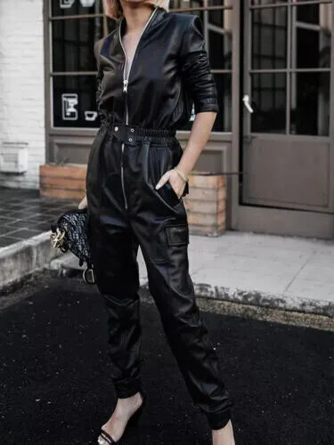 Genuine BLACK Women Romper Pocket Party Stylish 100% Leather