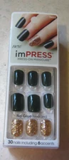 Kiss imPRESS Press-On Manicure Nails FLASH MOB Deep Green Gold Glitter Accent
