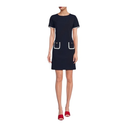 Tommy Hilfiger Navy Blue Contrast Trim Short Sleeve Front Pocket Shift Dress 14 - Picture 6 of 12