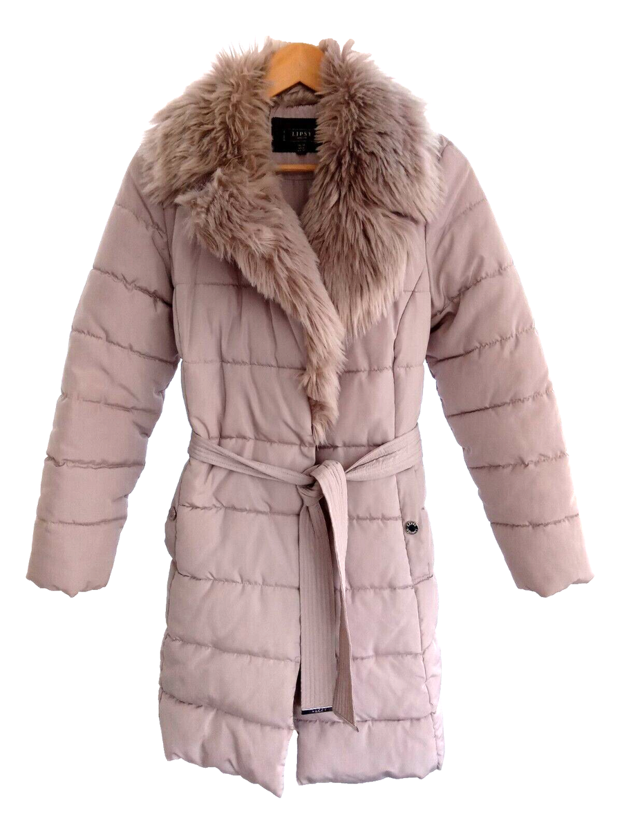 Lipsy Women's Grey Quilted Faux Fur Trim Belted Lined Smart Pocket