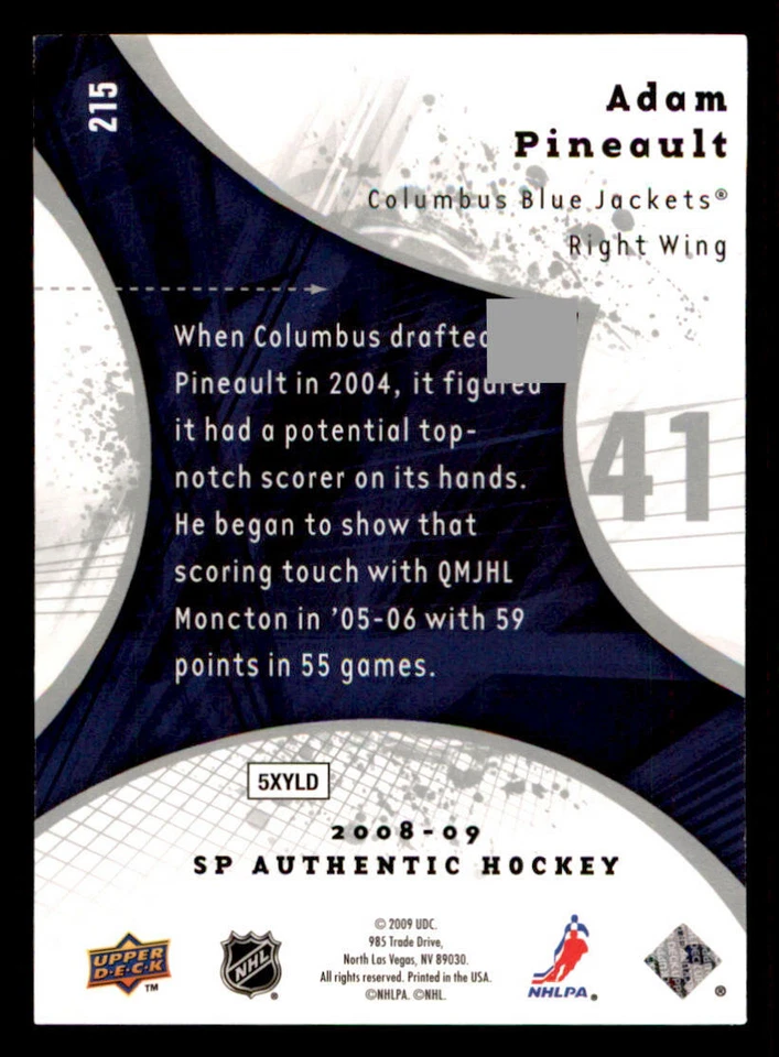 2008-09 SP Authentic #215 Adam Pineault RC /999 (ref 239781) - Image 2 of 2