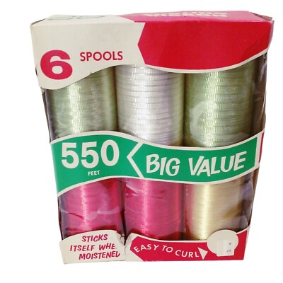 Ruban Frisé Vintage CLEO Pour Noël - Lot De 6 Bobines (550 Ft) - Couleurs Rouge Vert Or - Neuf