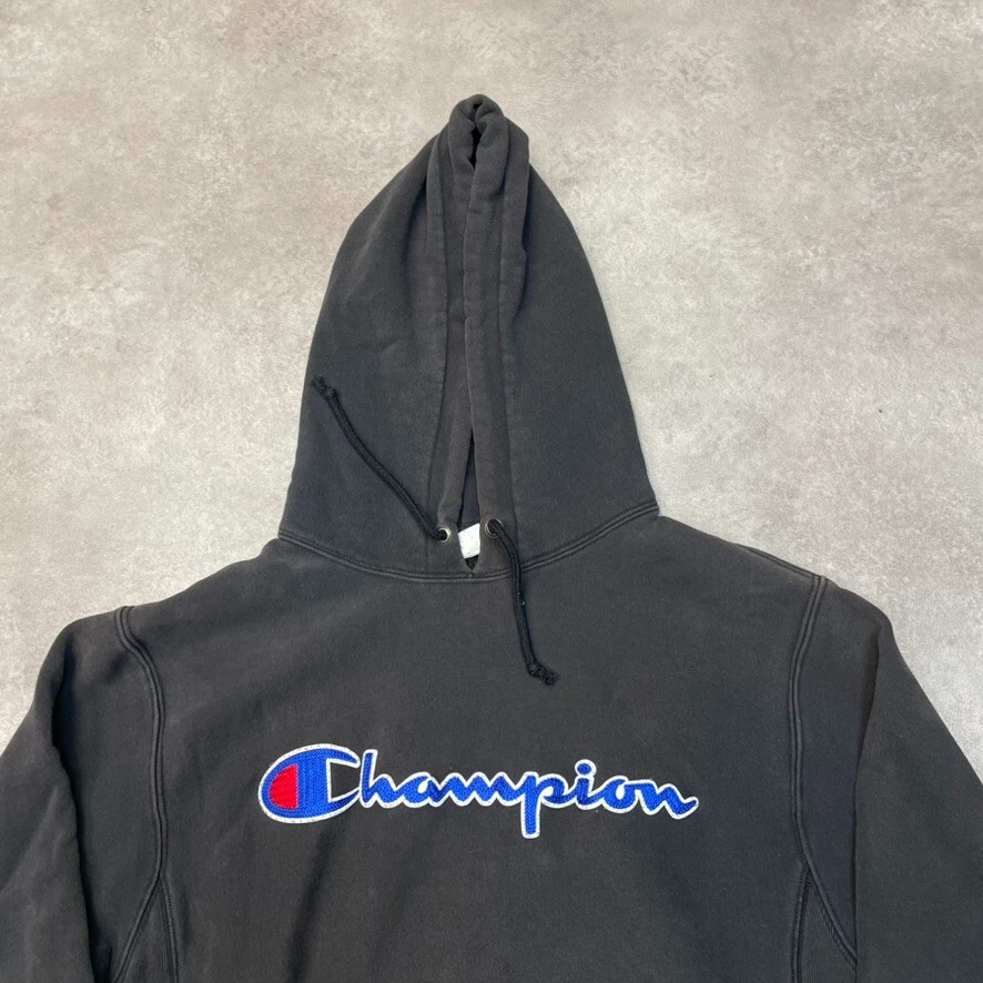 Champion Hoodie Mens Medium Y2K Reverse Weave Spellout Sports Sweatshirt, Grey image 7