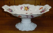 Antique Hand Painted Semi-Porcelain Compote / Raised Centerpiece Bowl - 14"