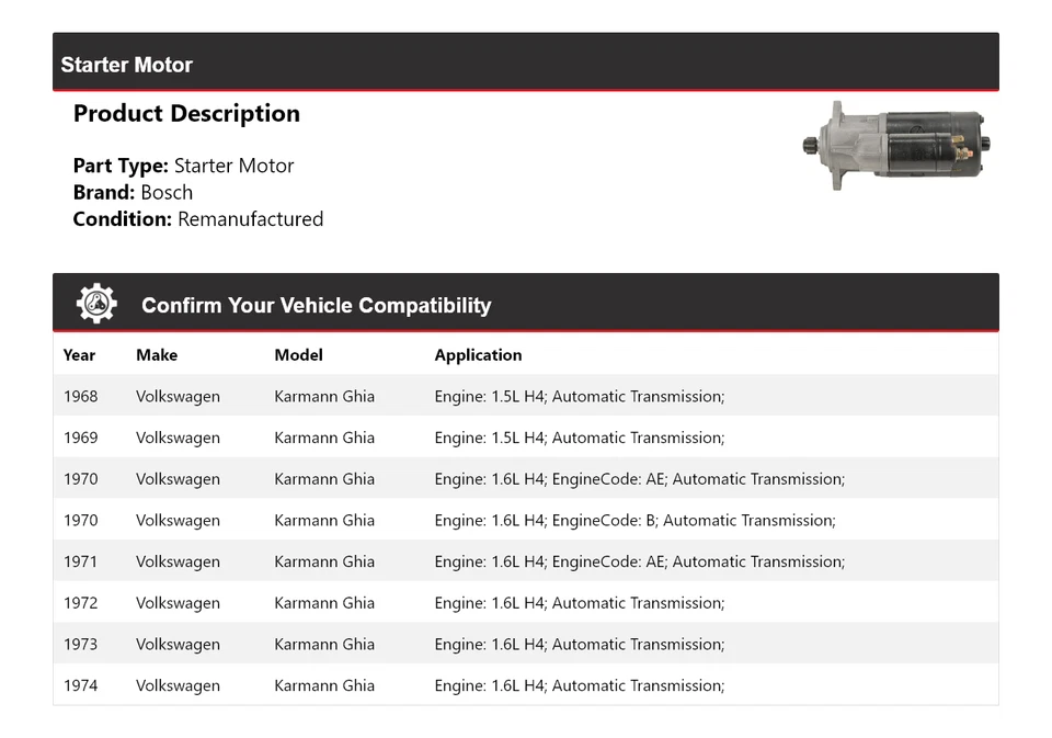 Arranque para Volkswagen Karmann Ghia Bosch 1968-1974 (remanufacturado) 1969 1970 Foto 2 de 4