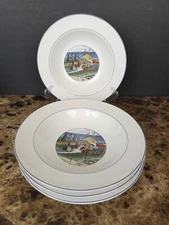 Set Of 4 Epoch Pioneer Bay Pattern Rimmed Soup Bowls 8 3/8" E203