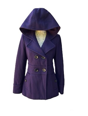 VINTAGE Esprit Purple Wool Blend  Double Breasted Hooded Peacoat Women Size M